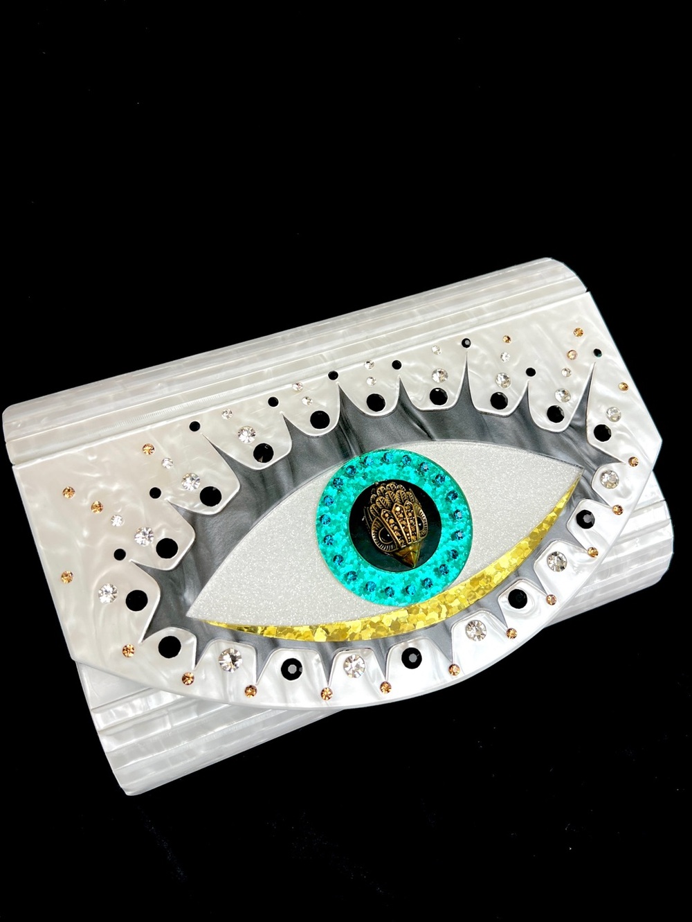 KURT GEIGER Crystal evil eye acrylic box clutch on chain mother of Pearl white